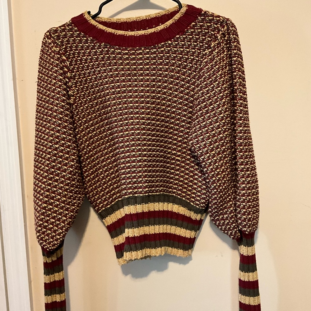 Striped Maroon and Beige Women's Sweater - Picture 2 of 7